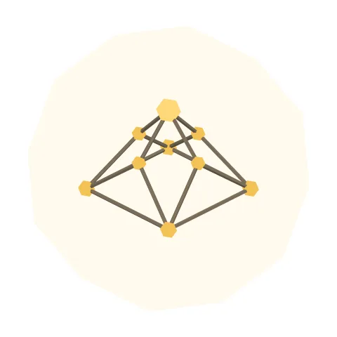A net of gold nodes strung on grey wire, a ring of four at the base gathering through four more to a bright crown, hanging in a halo of pale light.