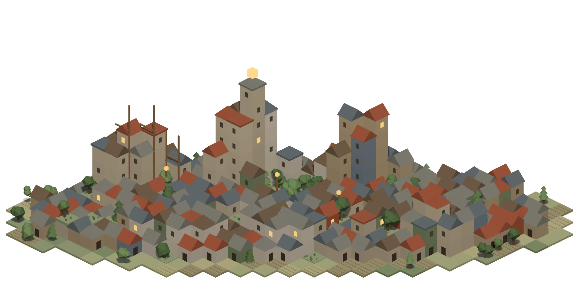 A hill town of tiny houses, one cube each, under slate and terracotta roofs, with gardens between them and a beacon on the tallest tower.