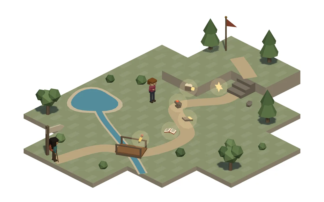 A trail across a patch of country, from a signpost over a plank bridge and past a pond to three steps up a hill and a red flag, with a pencil, a book, a calculator, an anvil, a clapperboard and a star floating along the way for a hiker to collect.